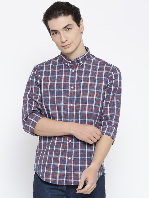 

Blackberrys Men Navy & Rust Red Slim Fit Checked Casual Shirt, Navy blue