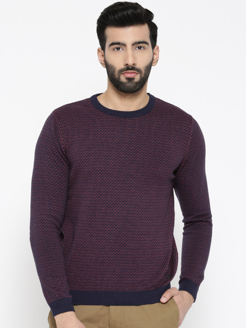 

Blackberrys Men Navy Blue & Orange Self Design Sweater