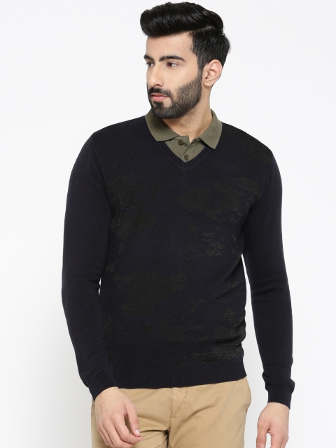 

Blackberrys Men Navy Blue Self-Design Sweater