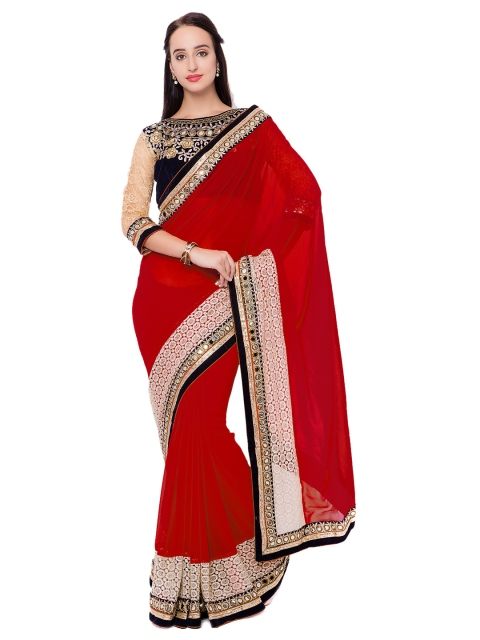 

Triveni Red Embellished Poly Georgette Saree