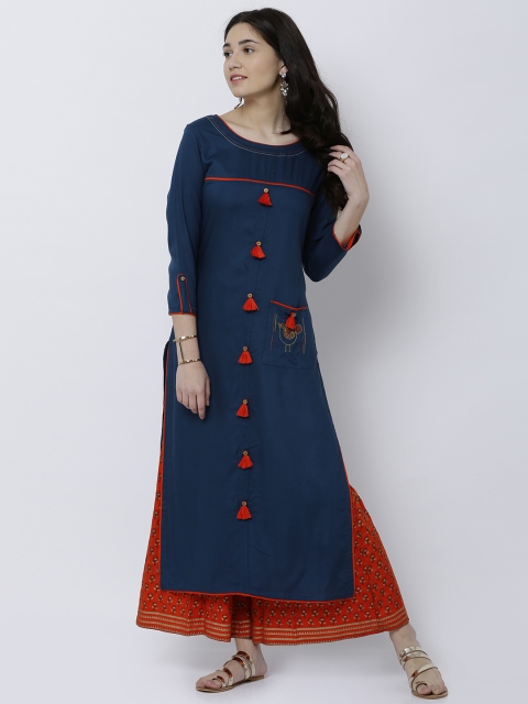 

Vishudh Women Navy Blue Solid Straight Kurta