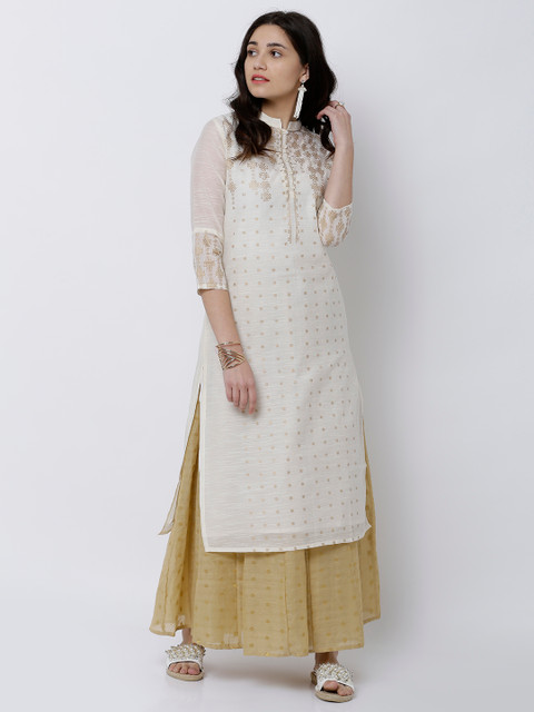 

Vishudh Women Cream-Coloured & Gold-Toned Woven Design Straight Kurta