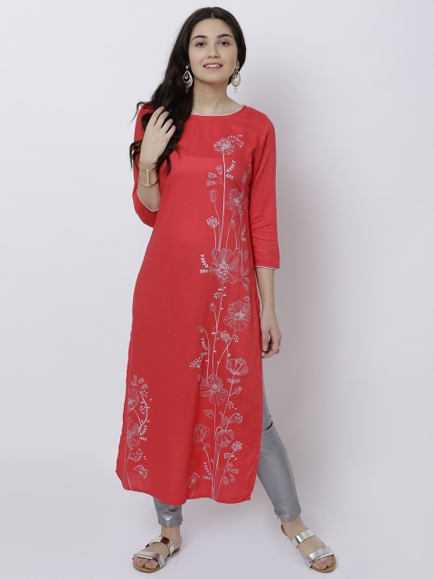 

Vishudh Women Red & Silver Floral Print Straight Kurta