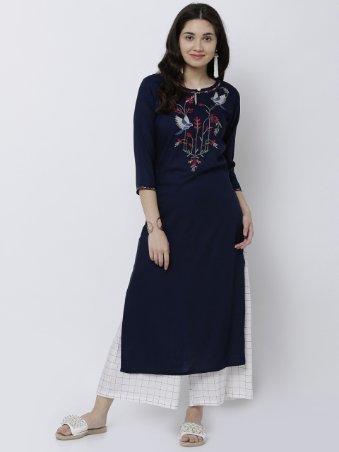 

Vishudh Women Navy Blue Solid Straight Kurta