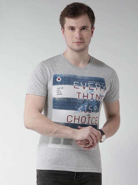 

Okane Men Grey Printed Round Neck T-shirt