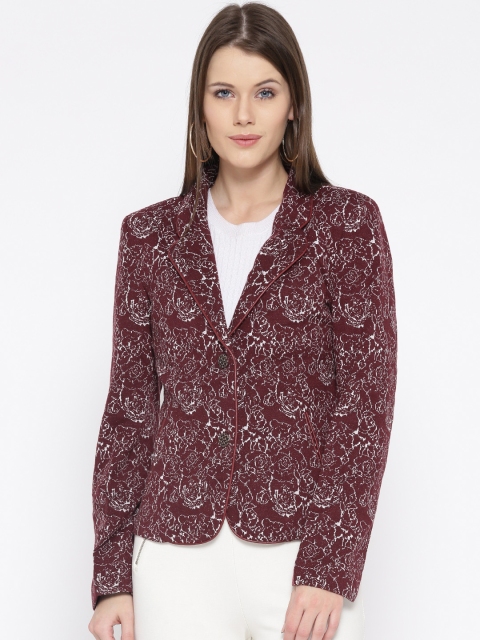 

Fort Collins Burgundy & White Patterned Single-Breasted Casual Blazer