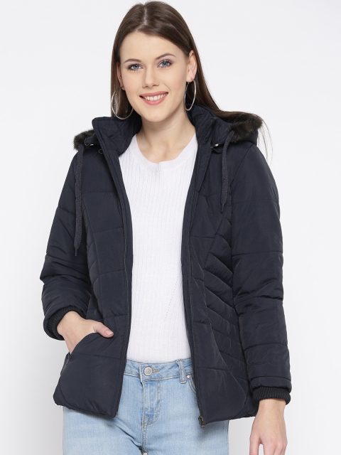 

Fort Collins Women Navy Solid Parka Jacket with Detachable Hood, Navy blue