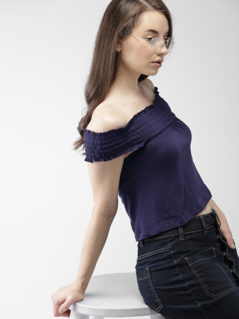 

Mast & Harbour Women Navy Blue Solid Bardot Crop Top
