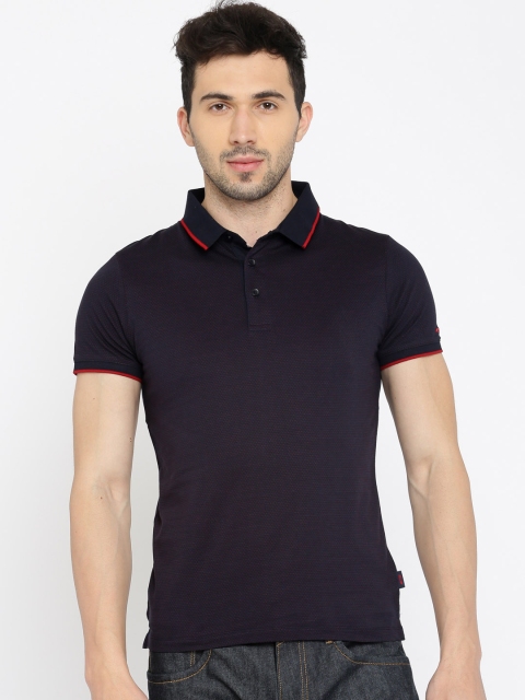 

Jack Jones Men Navy Red Self Design Polo Collar Pure Cotton T-shirt, Navy blue