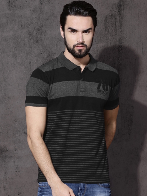 

Roadster Men Charcoal Grey & Black Striped Polo T-shirt