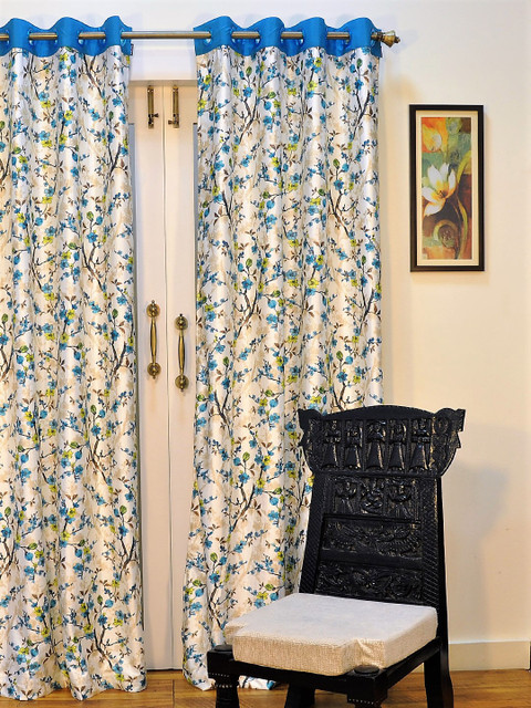

Ariana Off-White & Blue Set of Single Long Door Curtains