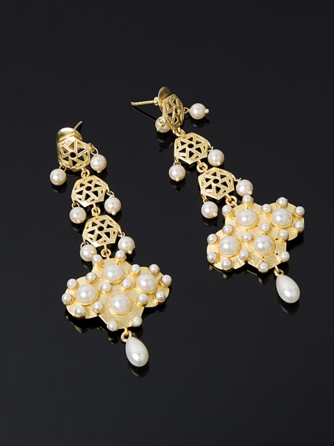 

Studio Voylla Jharokha Gold-Toned & Off-White Geometric Drop Earrings