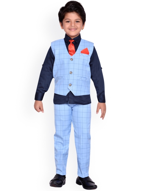 

Aj DEZInES Boys Blue Single-Breasted Checked Regular Fit Party Waistcoat Suit
