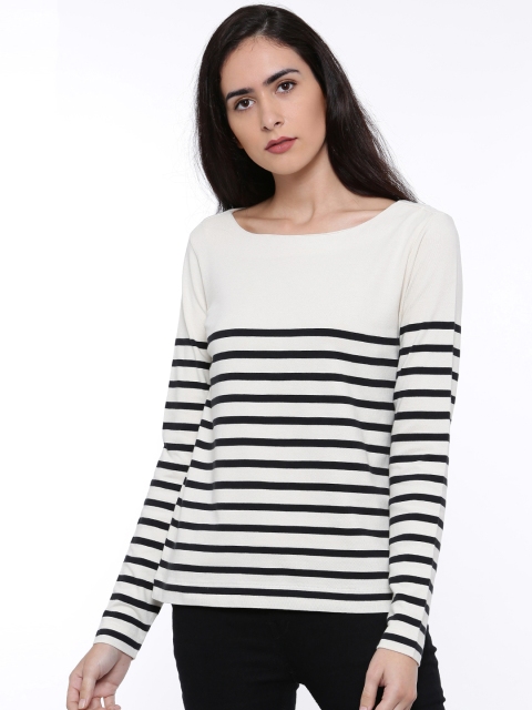 

Rattrap Women Off-White Striped Round Neck T-shirt