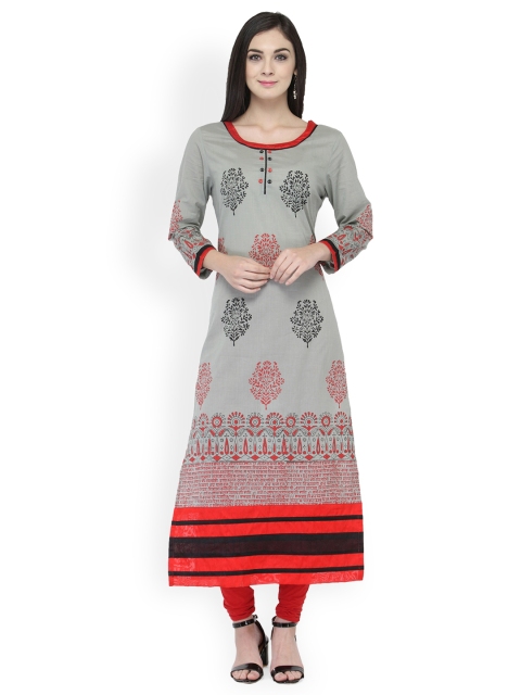 

Tulsattva Women Grey & Red Printed A-Line Kurta