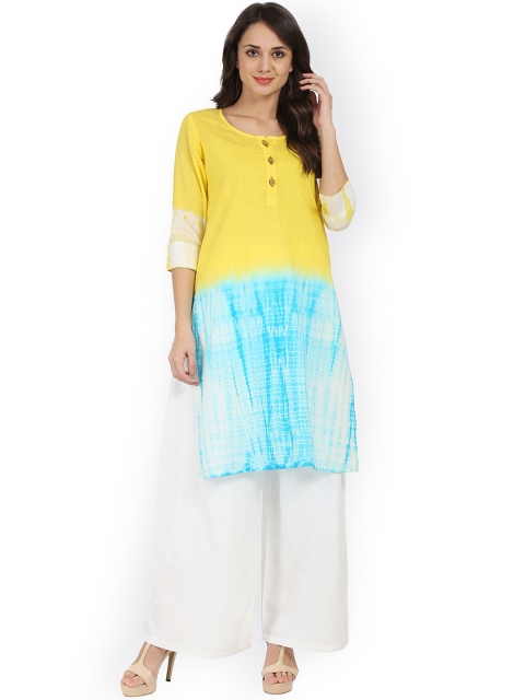 

Nayo Women Yellow & Blue Printed Straight Kurta