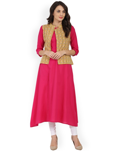 

Nayo Women Pink & Yellow Solid Asymmetric A-Line Kurta