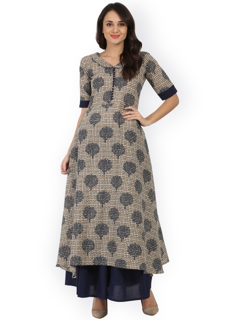 

Nayo Women Blue & Brown Printed Kurta with Skirt