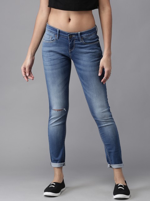 

HERE&NOW Women Blue Skinny Fit Mid-Rise Slash Knee Stretchable Jeans