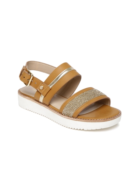 

ALDO Women Tan Brown & Gold-TOned Embellished Flats