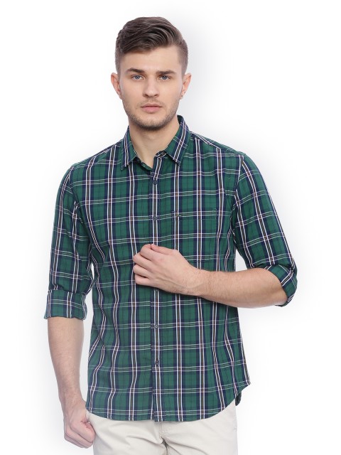 

Basics Men Green & Navy Blue Slim Fit Checked Casual Shirt