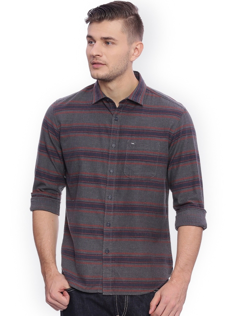 

Basics Men Charcoal Grey & Navy Blue Slim Fit Striped Casual Shirt