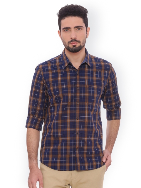

Basics Men Brown & Blue Slim Fit Checked Casual Shirt