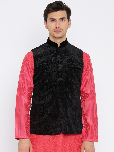 

Manu Black Self Design Nehru Jacket