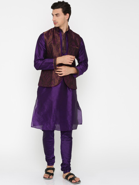 

Manu Men Purple & Black Self Design Kurta with Churidar