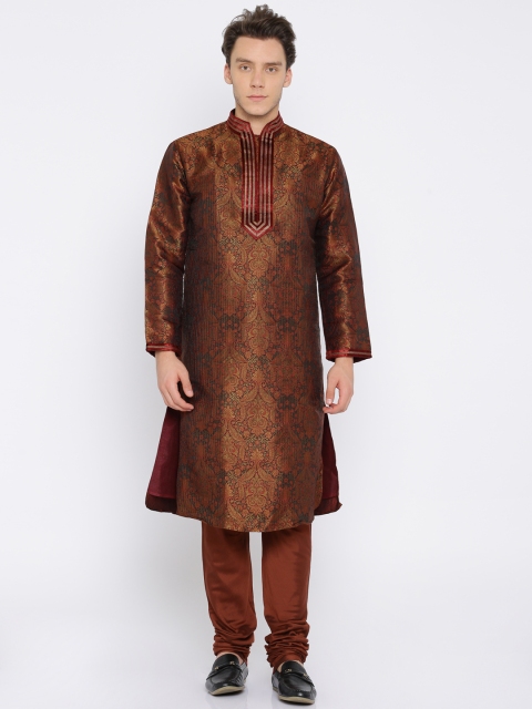 

Manu Men Maroon Self Design Kurta with Churidar