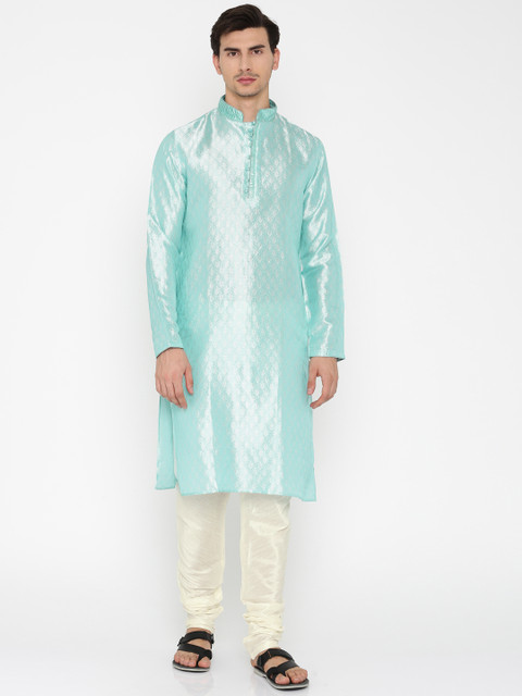 

Manu Men Blue & Off-White Self Design Kurta with Churidar