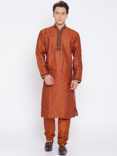 

Manu Men Orange Self Design Kurta with Churidar