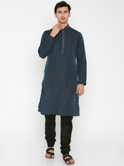 

Manu Men Blue & Black Self Design Kurta with Churidar
