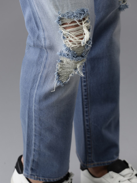 

HERE&NOW Men Blue Tapered Fit Mid-Rise Highly Distressed Stretchable Cropped Jeans