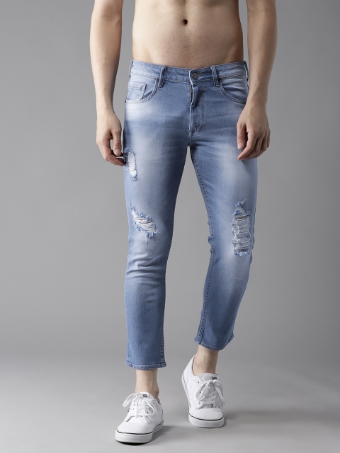 

HERE&NOW Men Blue Slim Tapered Fit Mid-Rise Low Distress Stretchable Cropped Jeans
