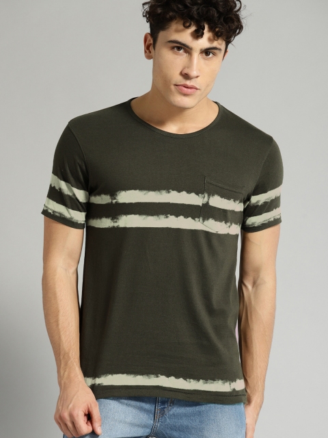 

Roadster Men Olive Green Striped Round Neck T-shirt