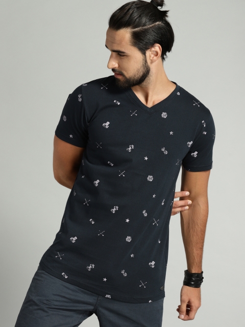 

Roadster Men Navy Blue Printed Round Neck T-shirt