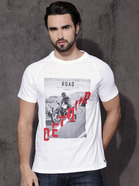 

Roadster Men White Printed Round Neck T-shirt