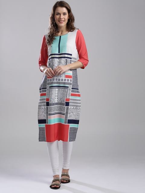 W Women Coral Red & Blue Printed Straight Kurta