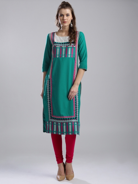 

W Women Green Woven Design Straight Kurta
