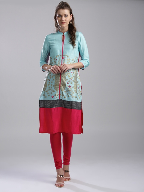 

W Women Blue & Pink Printed Straight Kurta