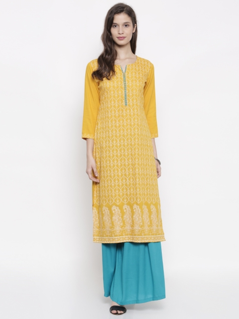 

ANAISA Women Yellow Printed Straight Kurta