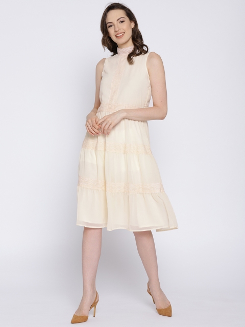 

all about you Women Cream-Coloured Solid Fit & Flare Dress
