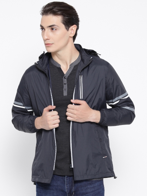 

Cloak & Decker by Monte Carlo Men Navy Solid Windcheater Jacket with Detachable Hood, Navy blue