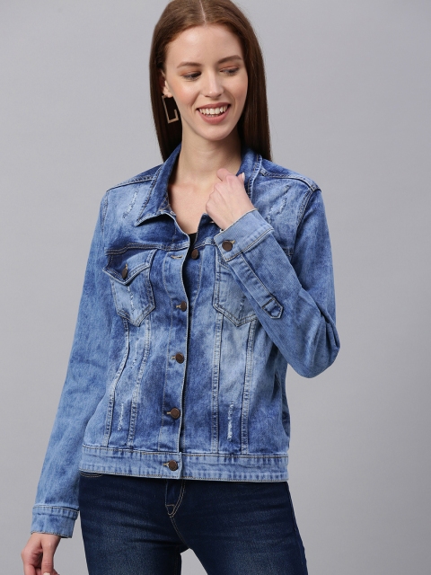 

HERE&NOW Women Blue Solid Distressed Denim Jacket