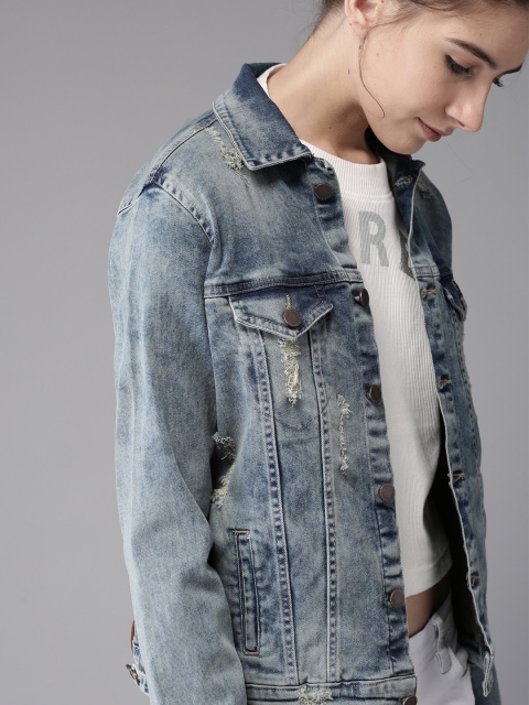 

HERE&NOW Women Blue Solid Distressed Denim Jacket