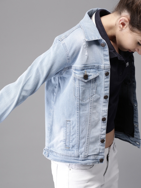 

HERE&NOW Women Blue Solid Distressed Denim Jacket