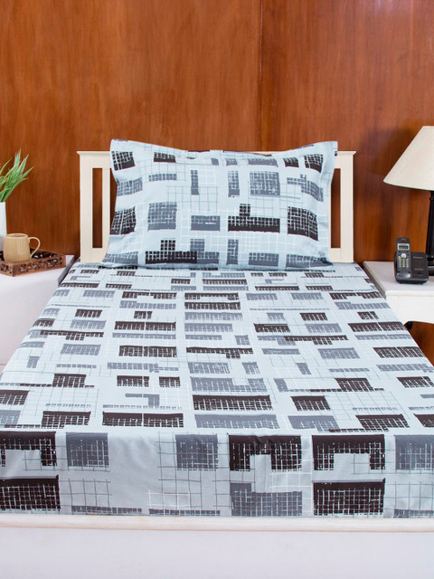 

House This Black Geometric Flat 210 TC Cotton 1 Single Bedsheet with 1 Pillow Covers