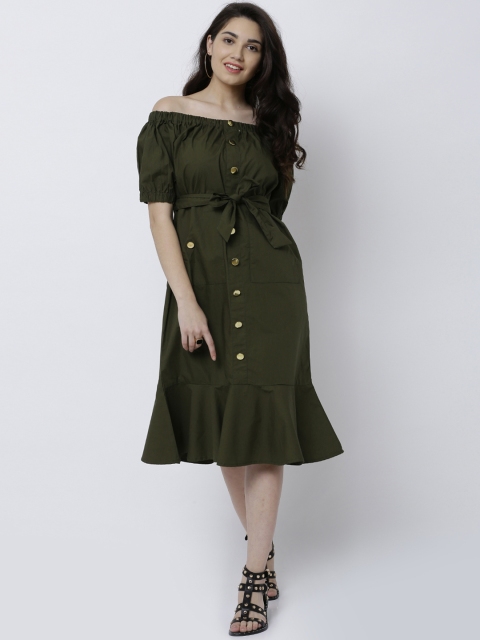 

Tokyo Talkies Women Olive Green Solid A-Line Dress