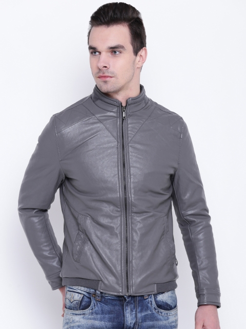 

Fort Collins Men Grey Solid Biker Jacket